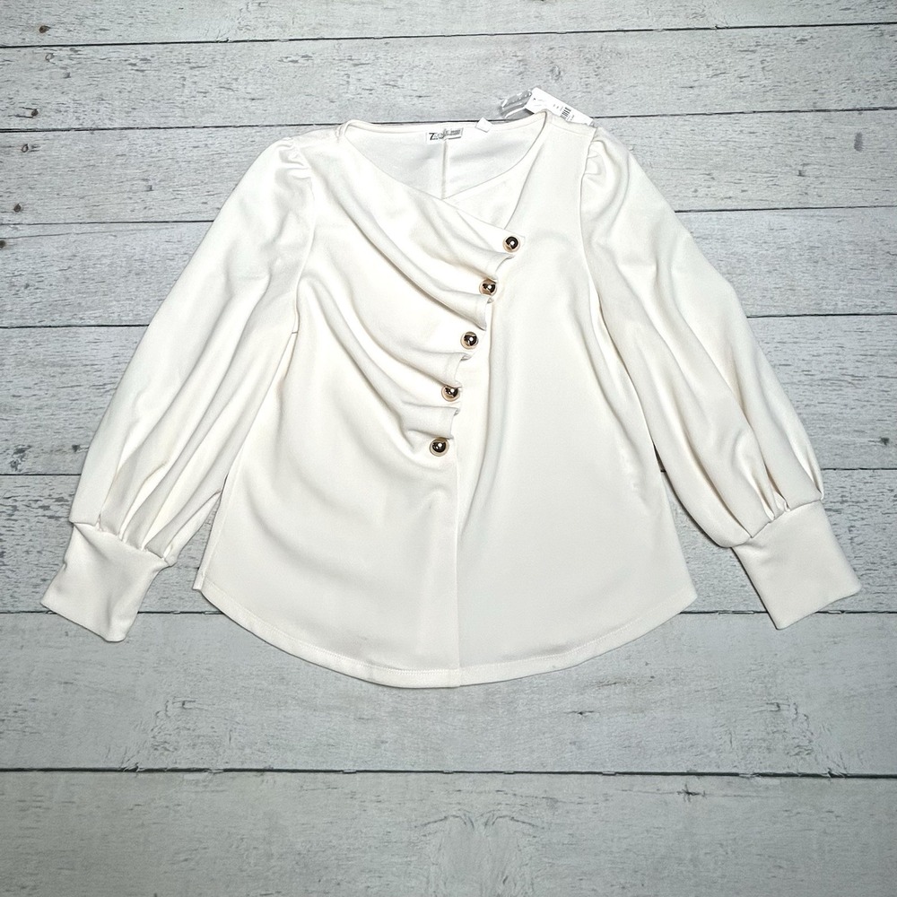 7th Ave Design Women's Long Sleeve Ivory Blouse w/ Button Accents, Size M, NWT